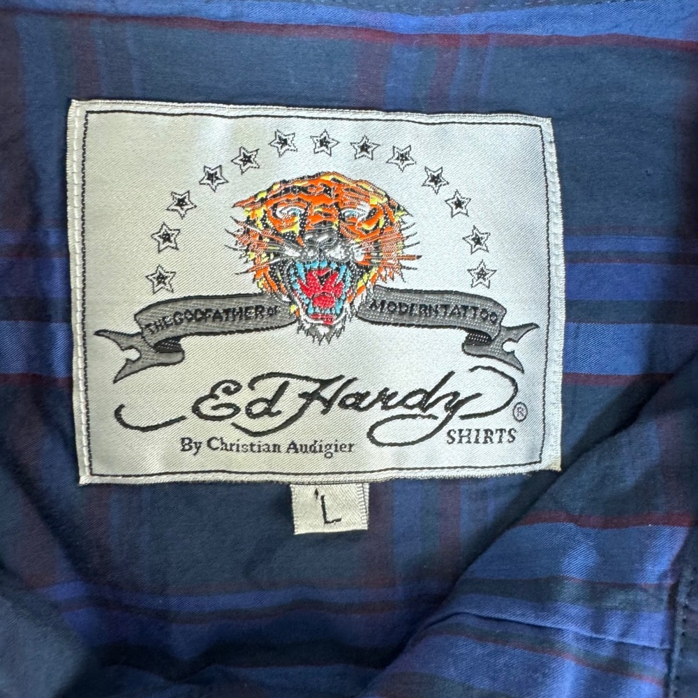 Vintage Y2K Ed Hardy Mens Blue Plaid Born To Win Embroidered Skull Shirt L - Picture 7 of 11